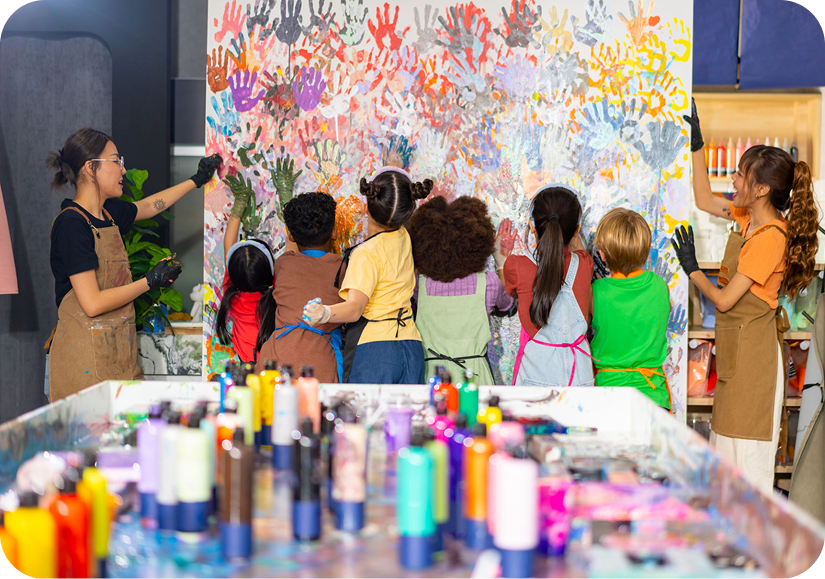 Kids creating art with handprints